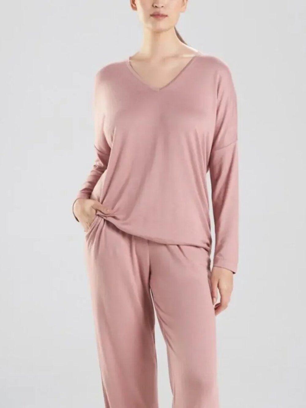 Natori Mirage Nude V-Neck Relaxed Lounge Top Sz L- NWT